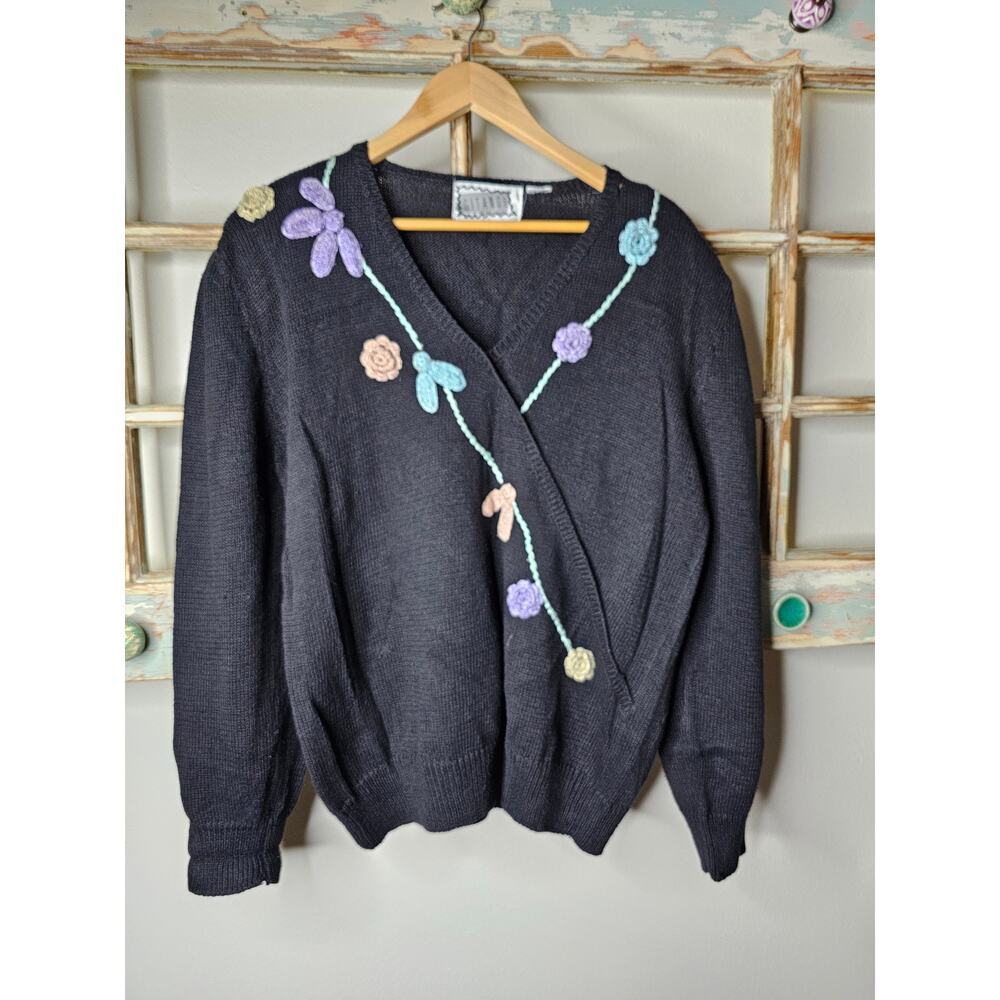 Vintage Gitano Black Sweater with Crochet flowers Ladies Size XL
